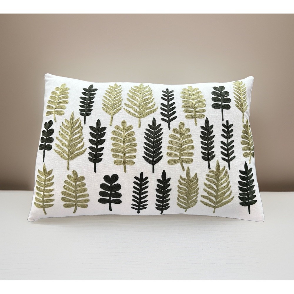 Crate & Barrel Tilly Pillow Cover Embroidered Leaves Ferns Down Insert EUC 18x12